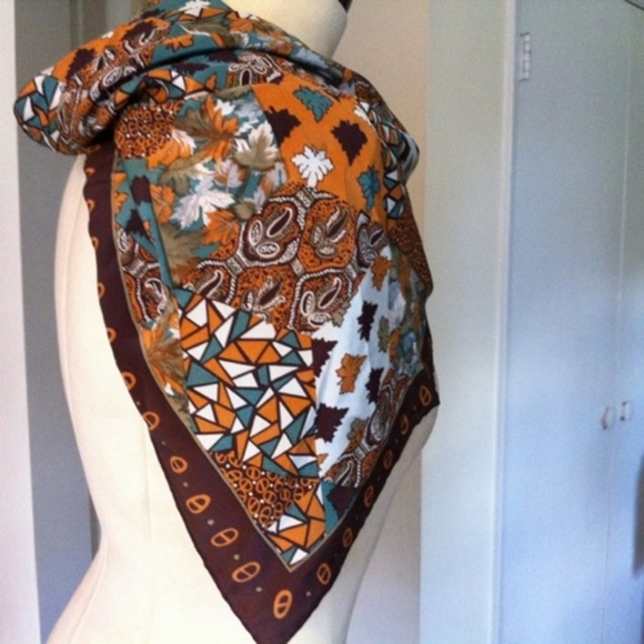 Casca Magid Silk Diamond Scarf Brown Orange Teal - Picture 2 of 8